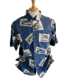 Hickory Perry Shade of Blue Button Up Fish and Reels and Rod Shirt Size L